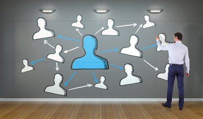 Wall Mural - Businessman drawing social network sketch on a wall 3D rendering