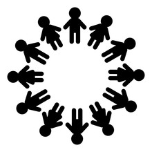 Man And Woman Pictogram Icon Sign. People Round Circle. Timework, Friendship Symbol. Male Female Silhouette. Black Color. Boys Girls Holding Hands. Friends Forever. Flat Design. White Background.