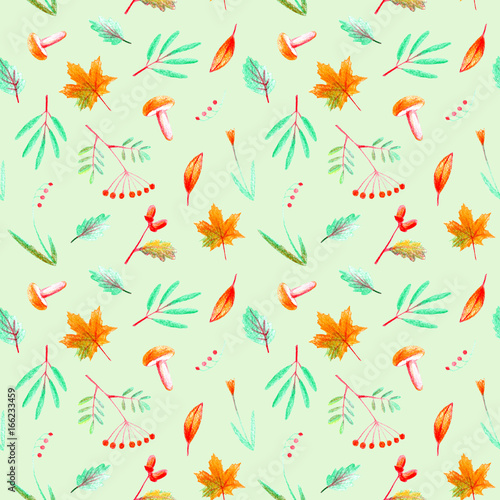 Stoffe zum Nähen Nahtlose Muster von einer Blume, Pflanzen, Rowan, Eichel, Ahorn und Pilz. Herbst und Kräuter Bild. Bleistift und Aquarell Farbe hand gezeichnete Abbildung. Grünen Hintergrund.