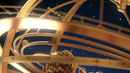 Wall Mural - armillary sphere and zodiac signs on blue background. 3d animation.