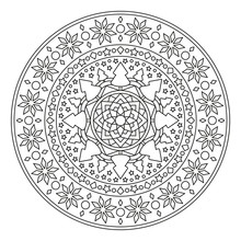 Christmas Mandala. Round Element For Coloring Book. Black Lines On White Background. Abstract Geometric Ornament. Vector.