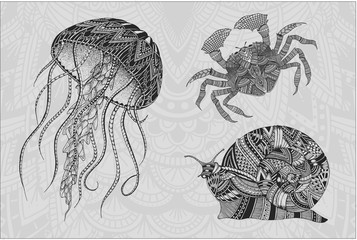 Wall Mural - Patterned jellyfish, crab and snail. Tattoo design. It may be used for design of a t-shirt, bag, postcard, a poster and so on.