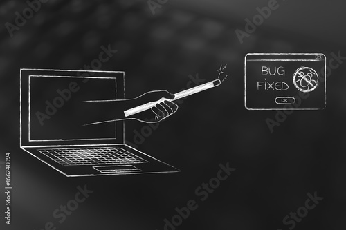 Magic Wand Out Of Computer Screen With Bug Fixed Pop Up Message Buy This Stock Illustration And Explore Similar Illustrations At Adobe Stock Adobe Stock