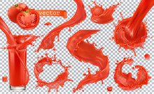 Red Paint Splash. Tomato, Strawberries. 3d Realistic Vector Icon Set