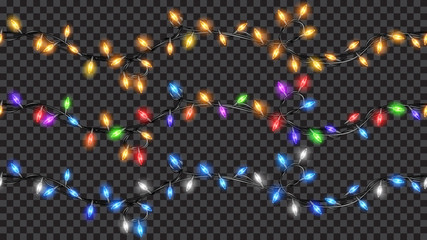 Seamless Christmas translucent fairy lights. Transparency only in vector file