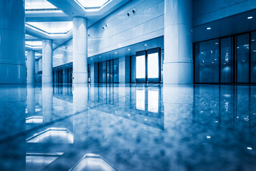 Sticker - modern building hallway with marbled floor,blue toned,china.