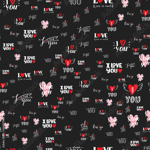 Vector I love You text seamless pattern hand drawn lettering collection inspi...