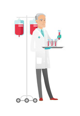 Poster - Laboratory assistant analyzing blood in test tube.