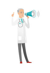 Wall Mural - Senior caucasian doctor talking into loudspeaker.