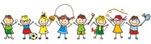 Happy Kids, Group Of Girls And Boys, Leisure Game, Sport Equipments, Vector Funny Illustration