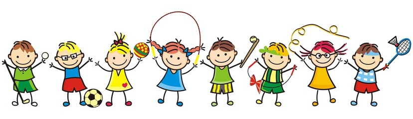 Wall Mural - Happy kids, group of girls and boys, leisure game, sport equipments, vector funny illustration