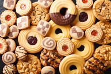 Beautiful Cookies Assorted Close-up. Background Horizontal Top View