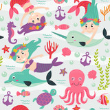 Fototapeta Pokój dzieciecy - seamless pattern with mermaid and marine animals  -  vector illustration, eps
