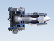 Cross section of turbofan jet engine isolated on light blue background. 3D rendering image. with clipping path