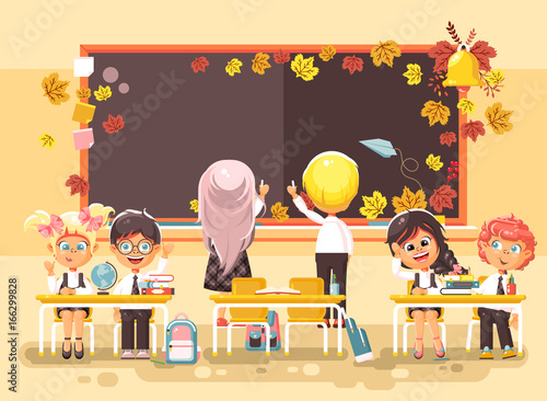 Fényképezés Vector illustration back to school cartoon characters schoolboy schoolgirls writ
