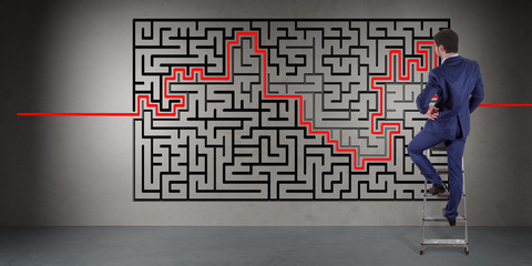 Poster - Businessman searching maze solution on a wall 3D rendering