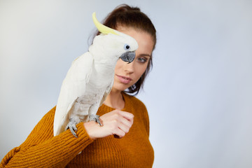 Wall Mural - Two bird, cute parrots, sit on woman. Studio shoot