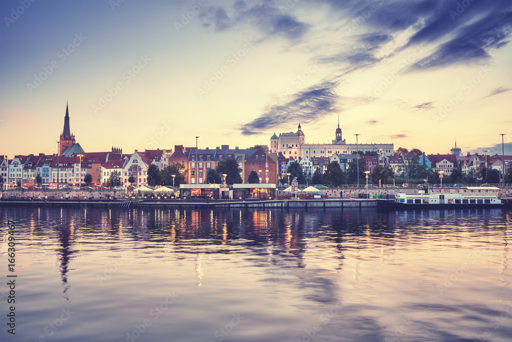 Szczecin waterfront at sunset, color toning applied, Poland. - obrazy, fototapety, plakaty 
