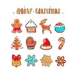 Merry christmas and happy new year vector banner. Gingerbread cookies concept. Different winter elements: snowflakes, gingerbread man, christmas tree, gloves, Santas deer, Santas hat and other