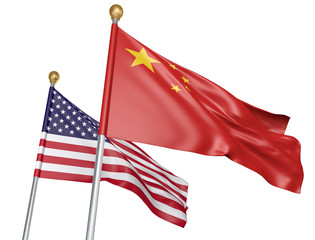 Wall Mural - China and United States flags flying together for important diplomatic talks, 3D rendering