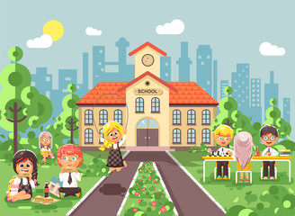 Vector illustration children characters schoolboy schoolgirl pupils apprentices classmates at schoolyard play chess dinner lunch, read book jumping rope on backdrop of school building flat style