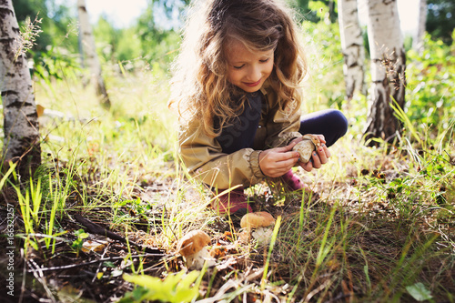 Fotografie, Obraz happy child girl picking wild mushrooms on the walk in summer or autumn forest