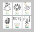 Merry Christmas and Happy New Year vector hand drawn labels, card, banners. Christmas ball, Fir-tree cone, Mistletoe, Frozen Star, Lights, Christmas tree, Christmas Wreath