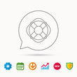 © tanyastock - Lifebuoy with rope icon. Lifebelt sos sign. Lifesaver help equipment symbol. Calendar, Graph chart and Cogwheel signs. Download and Shield web icons. Vector