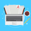 Banner copywriting. Computer with papers, coffee and pencil.