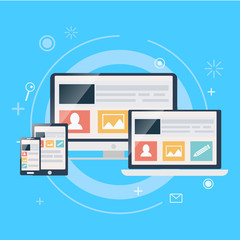Responsive web design, including laptop, desktop, tablet and mobile phone.