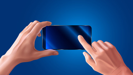 Leinwandbilder - Hand holding mobile smart phone and touching screen on blue background, mock up black smartphone in hand. photography. landscape or horizontal view. VECTOR.