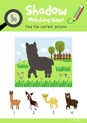 Wall Mural - Shadow matching game by finding the correct picture of dark brown alpaca animals for preschool kids activity worksheet colorful printable version layout in A4 vector illustration.