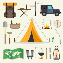 Big Set Of Hiking And Outdoor Flat Nature Camping Travel Vector Illustration Objects