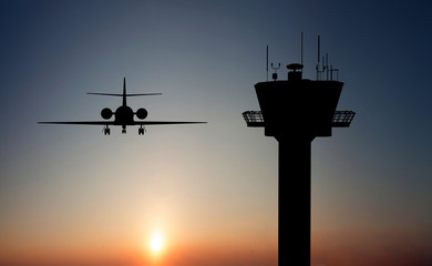 Wall Mural - airplane and air tower on the sunset