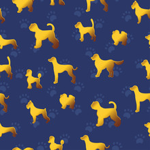 Seamless Pattern With Yellow Gold Dogs On Dark Blue Background With Paws. Different Breeds.