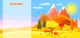 Fototapeta Dinusie - Autumn banner with trees, mountains and hills. Seasonal illustration
