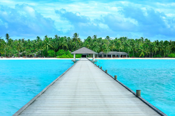 Poster - View of wooden pontoon at beautiful tropical resort