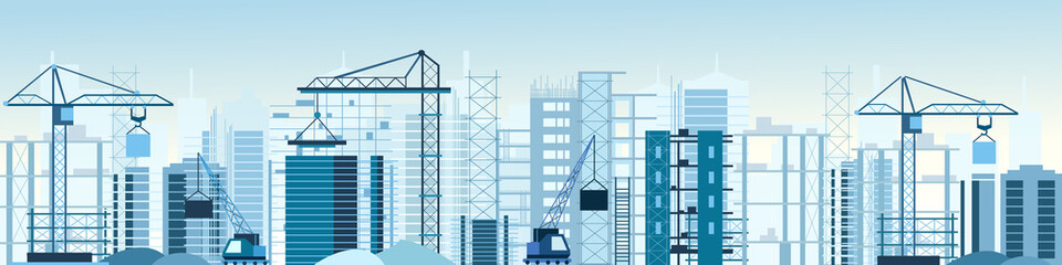 vector illustration of buildings constructions site and cranes banner. skyscraper under construction