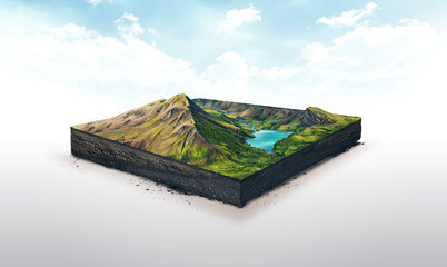 3d illustration of a soil slice, high mountains with lake isolated on white background