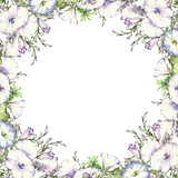 Fototapeta Panele - background with watercolor drawing wild flowers, round floral frame, wreath with painted field plants, herbal border,botanical illustration in vintage style
