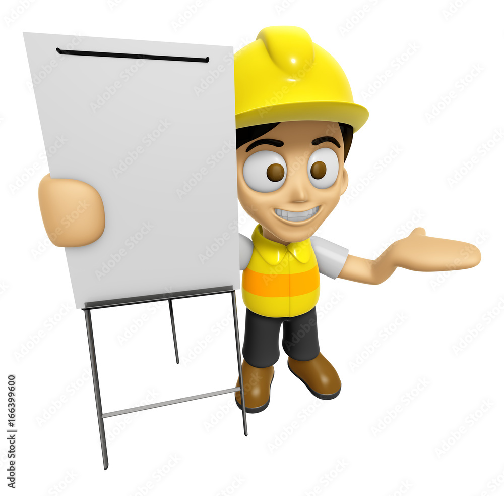 3D Construction Worker Man Mascot is presentation in front of the a  briefing chart. Work and Job Character Design Series 2. Stock Illustration  | Adobe Stock, image size:1000x983
