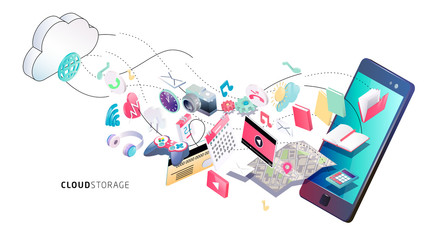 Wall Mural - Information exchange between cloud and phone.