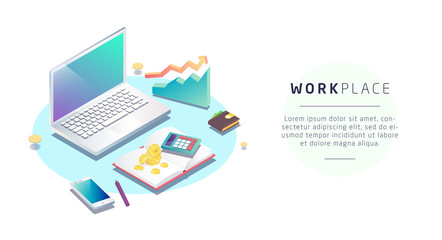 Isometric concept of workplace with computer and office equipment.