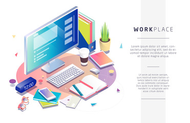 isometric concept of workplace with computer and office equipment.