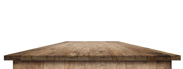Wall Mural - Rustic wooden table vintage style with clipping path in perspective view for product placement or montage with focus to table. Wooden board surface.