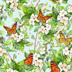 vintage seamless texture with apples blossom and butterflies. wa