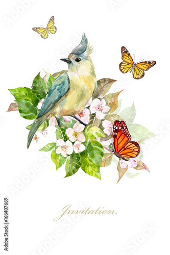Download vertical card with pretty birds on flowering branches ...