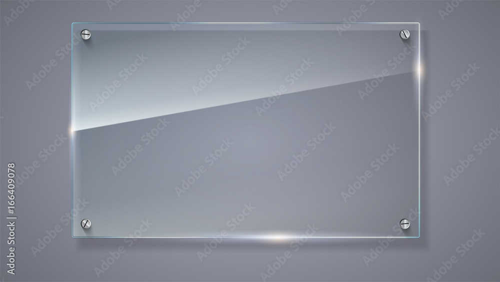 Blank, transparent vector glass plate. Vector template, horizontal banner with copy-space. Photo realistic texture with highlights and glow on the background. See through the plastic, 3D illustration. - obrazy, fototapety, plakaty 