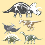 Fototapeta Dinusie - Dinosaurs skeletons silhouettes set fossil bone tyrannosaurus prehistoric animal dino bone vector flat illustration.