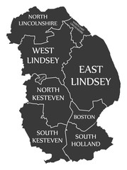 Lincolnshire county England UK black map with white labels illustration